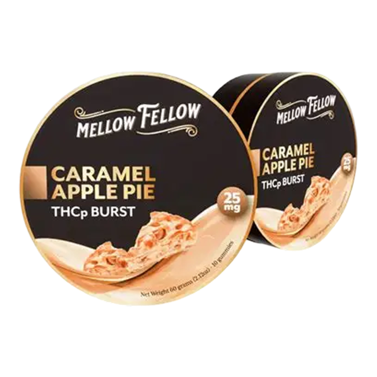 Contenedor de gomitas California Leaf Mellow Fellow THC-P sabor Caramel Apple Pie con 25mg por unidad