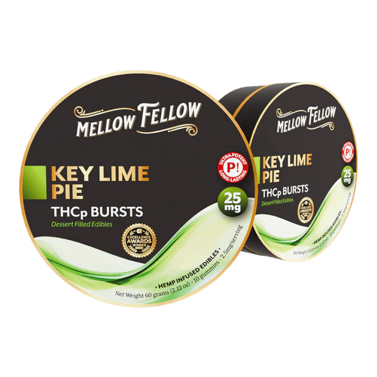 Envase metálico de California Leaf con gomitas Mellow Fellow THCp sabor Key Lime Pie, diseño premium y cítrico.