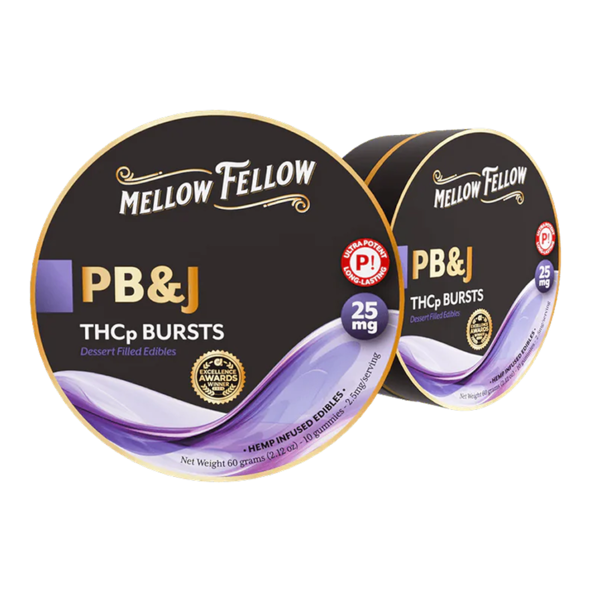 Envase metálico California Leaf de gomitas Mellow Fellow PB&J THCp Bursts con diseño elegante y circular