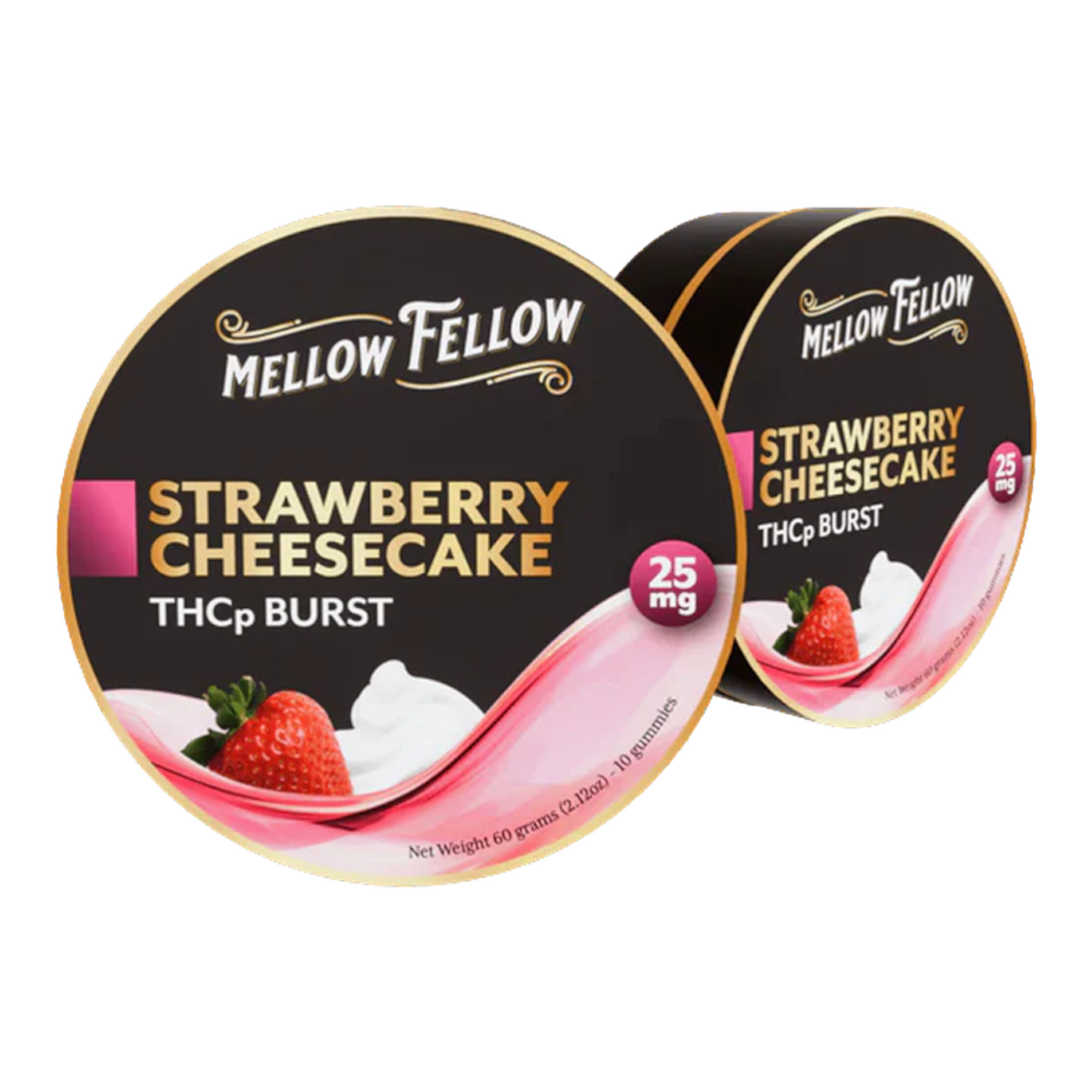 Lata metálica de California Leaf con gomitas Mellow Fellow THCp sabor Strawberry Cheesecake de 25mg