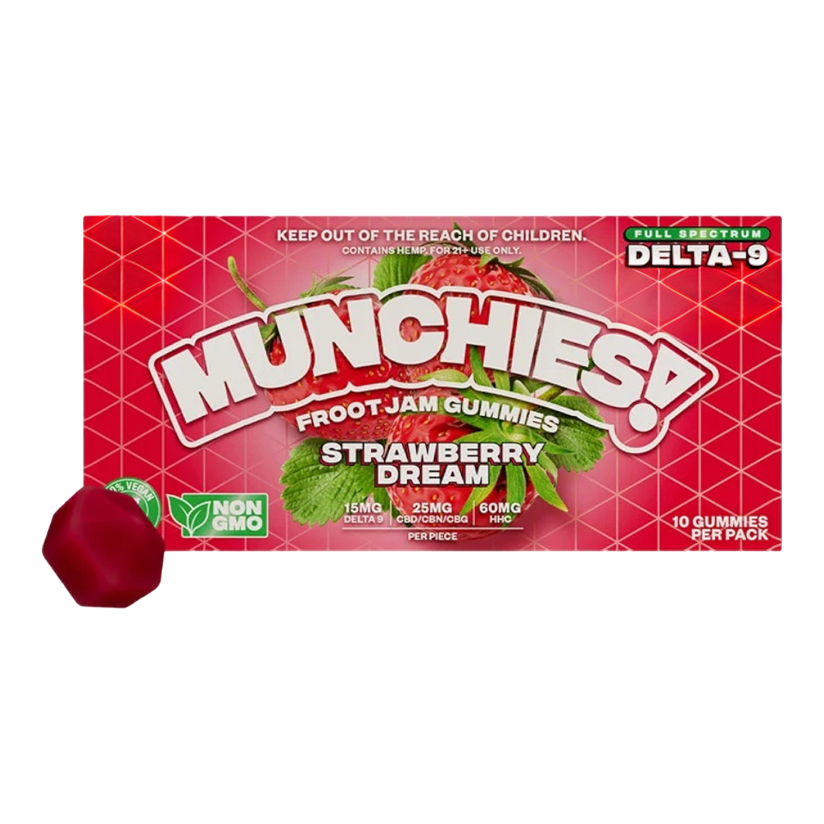 Empaque de gomitas California Leaf DeltaMunchies Strawberry Dream con una gomita roja de fresa en primer plano