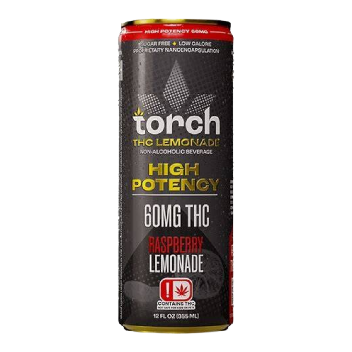 Lata de California Leaf Torch Raspberry Lemonade de 355ml con 60mg de THC, bebida sin azúcar de alta potencia.