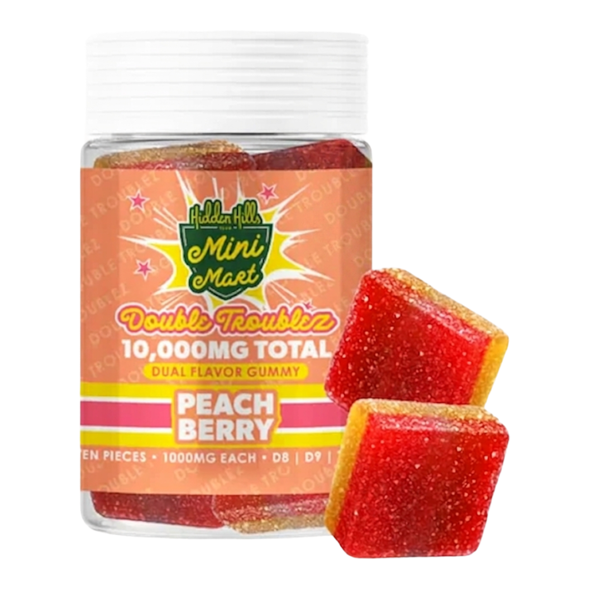 Gomitas California Leaf Hidden Hills Peach Berry de doble sabor con 10000mg en frasco transparente