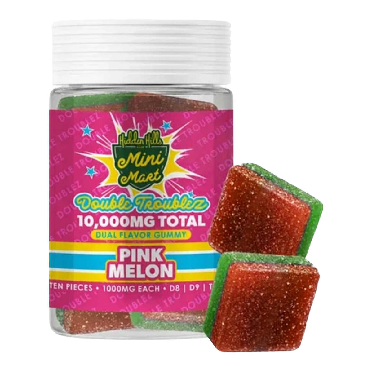 Gomitas California Leaf Hidden Hills Pink Melon de doble sabor con 10,000mg en frasco estilo retro Mini Mart