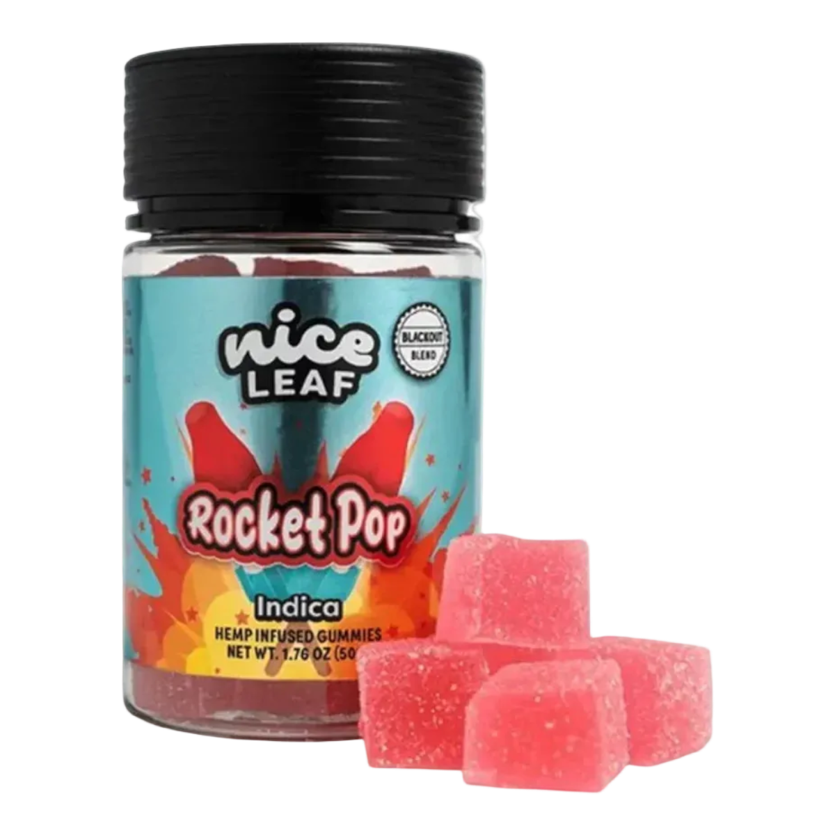 THC Nice Leaf Rocket Pop visto de frente el paquete con la imagen de las gomitas