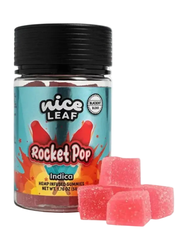 THC Nice Leaf Rocket Pop visto de frente el paquete con la imagen de las gomitas