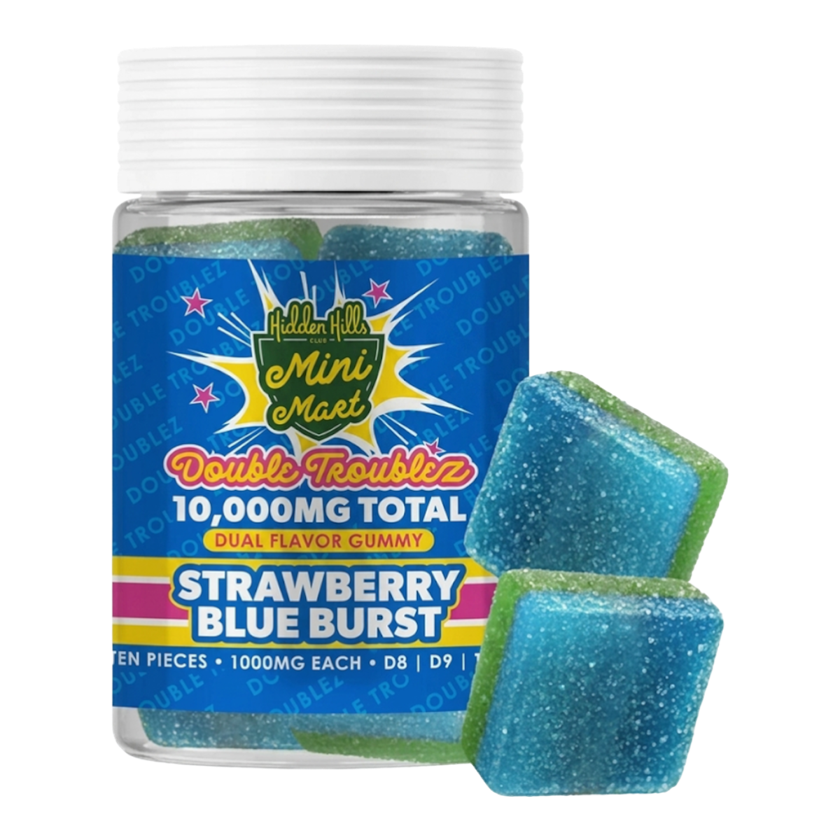 Gomitas California Leaf Hidden Hills Strawberry Blue Burst de 10,000mg con diseño bicolor azul y verde en frasco.