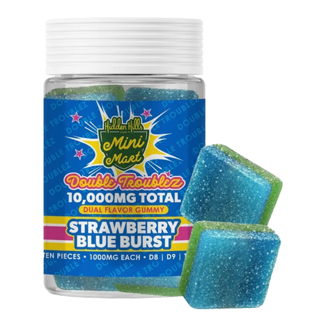 THCP Hidden Hills Strawberry Blue Burs Mini Mart Double Troublez Gummies 10G