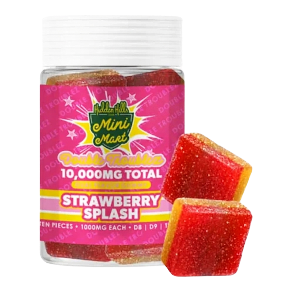 California Leaf gomitas Hidden Hills Strawberry Splash bicolor con 10000mg de cannabinoides en frasco