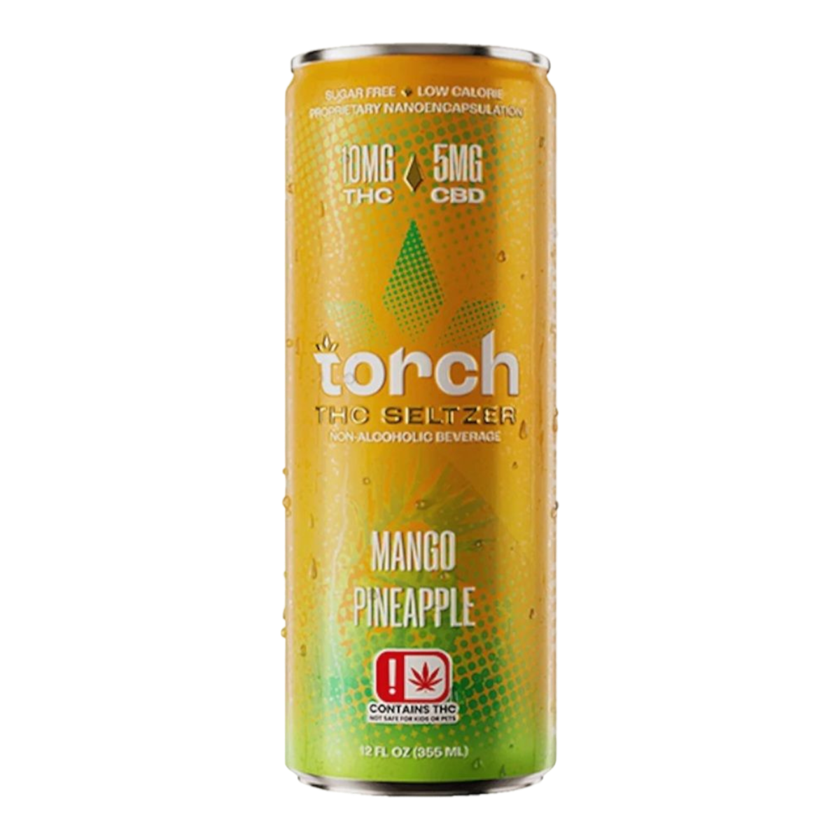 Lata de California Leaf Torch Seltzer sabor mango y piña con 10mg THC y 5mg CBD, fórmula sin azúcar y baja en calorías.