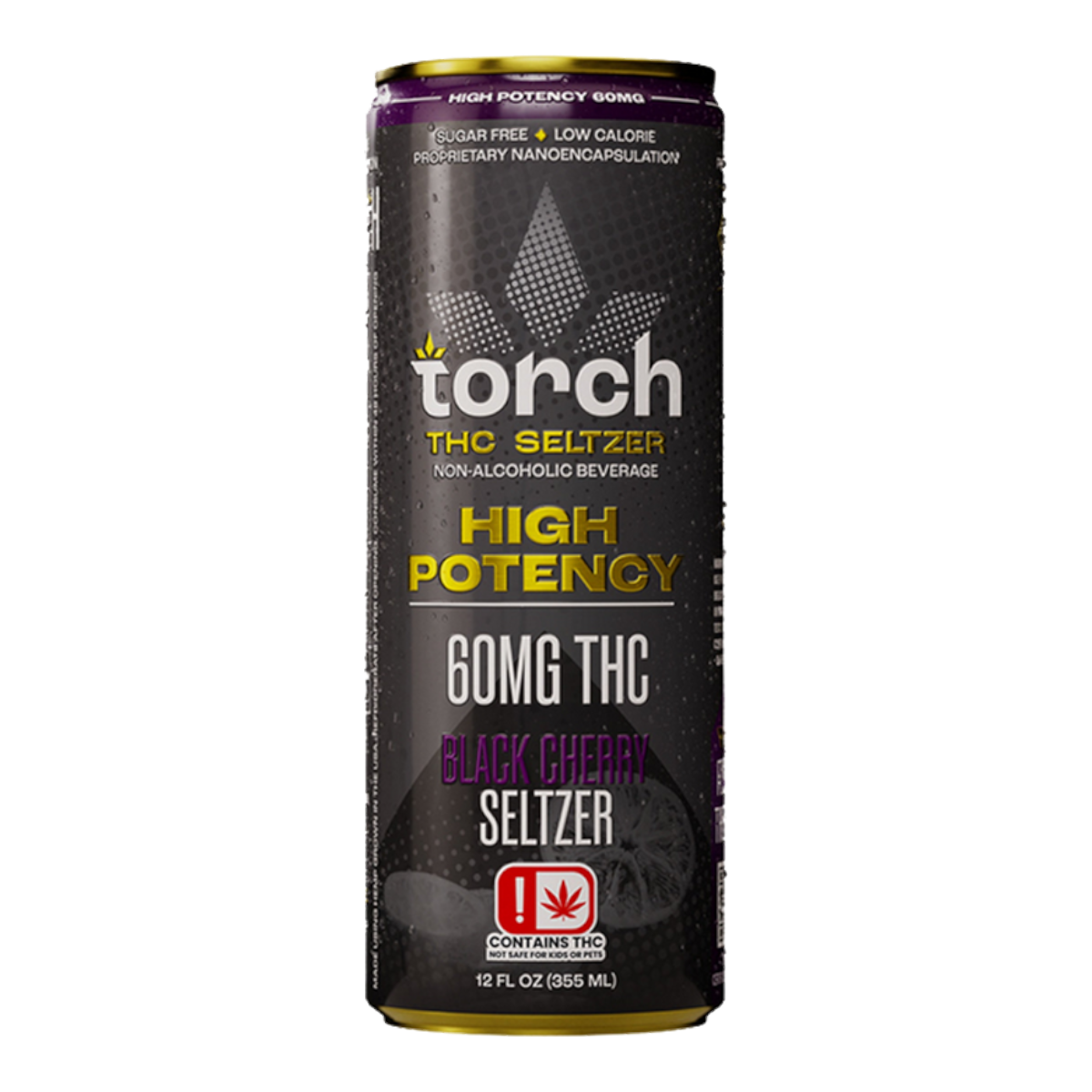 Lata de California Leaf Torch Black Cherry Seltzer con 60mg de THC, bebida refrescante sin azúcar y nanoencapsulada.