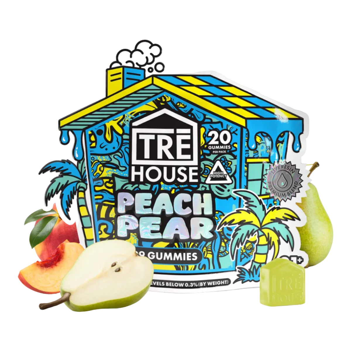 Empaque California Leaf de gomitas TRĒ House Peach Pear con THC-P y Live Resin, diseño de casita colorido y vibrante.