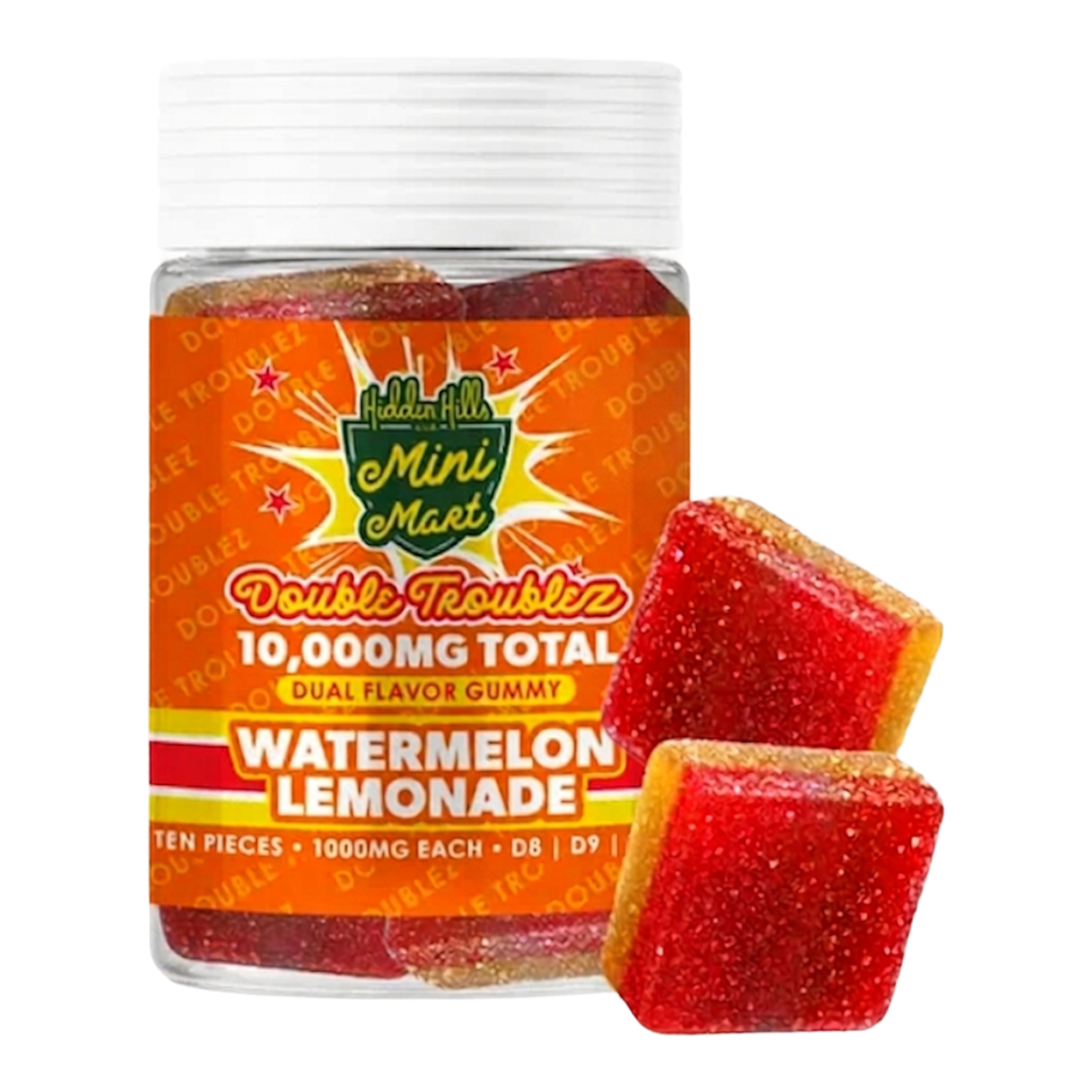 Gomitas California Leaf Hidden Hills Watermelon Lemonade bicolor, sabor sandía y limón, 10,000mg en frasco de 10 piezas.