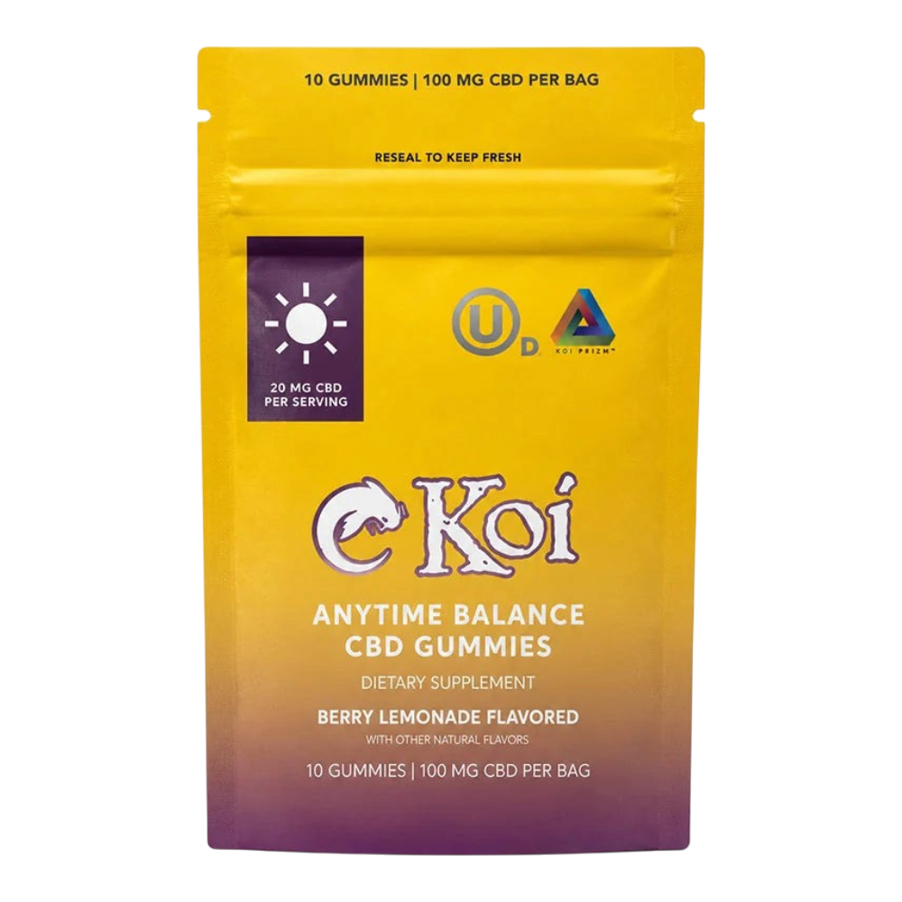 Empaque de California Leaf Koi Anytime Balance CBD Gummies sabor Berry Lemonade con 100mg de CBD total
