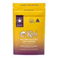 Empaque de California Leaf Koi Anytime Balance CBD Gummies sabor Berry Lemonade con 100mg de CBD total