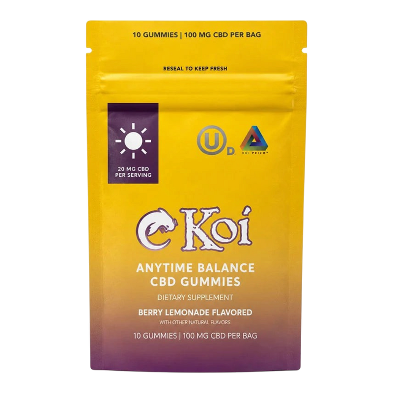 Empaque de California Leaf Koi Anytime Balance CBD Gummies sabor Berry Lemonade con 100mg de CBD total