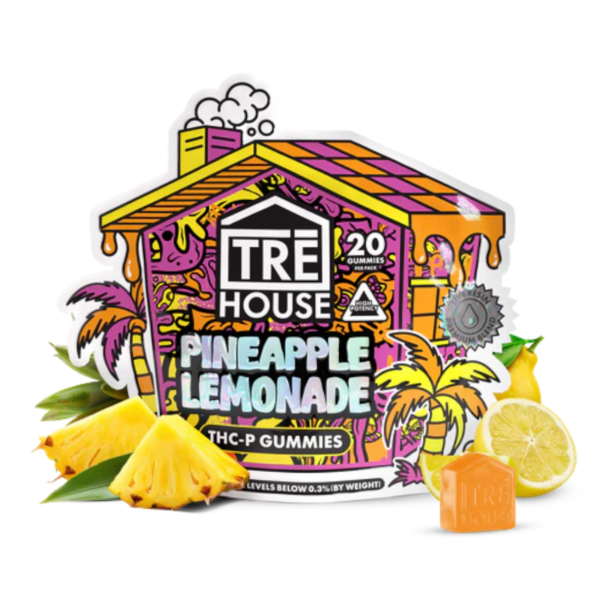 Empaque California Leaf de gomitas TRE House sabor limonada de piña con THC-P y diseño de casita tropical
