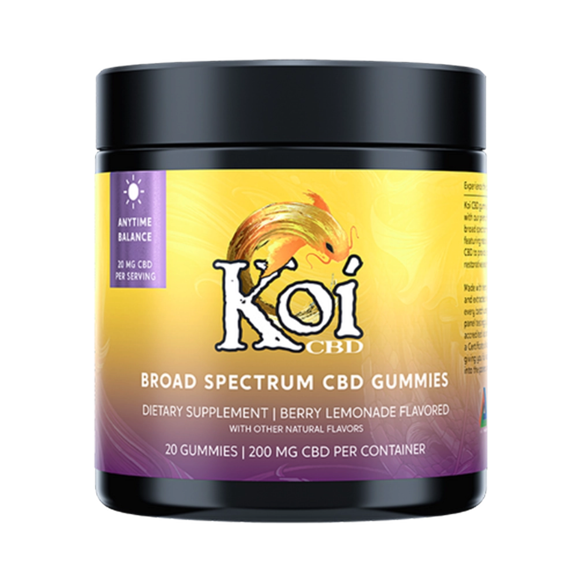 Frasco de California Leaf con 20 gomitas de CBD Koi Anytime Balance sabor Berry Lemonade de 200mg