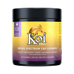 Frasco de California Leaf con 20 gomitas de CBD Koi Anytime Balance sabor Berry Lemonade de 200mg