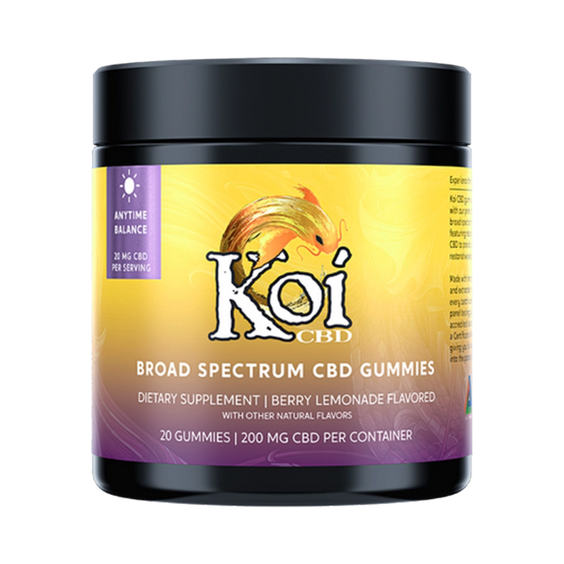Frasco de California Leaf con 20 gomitas de CBD Koi Anytime Balance sabor Berry Lemonade de 200mg