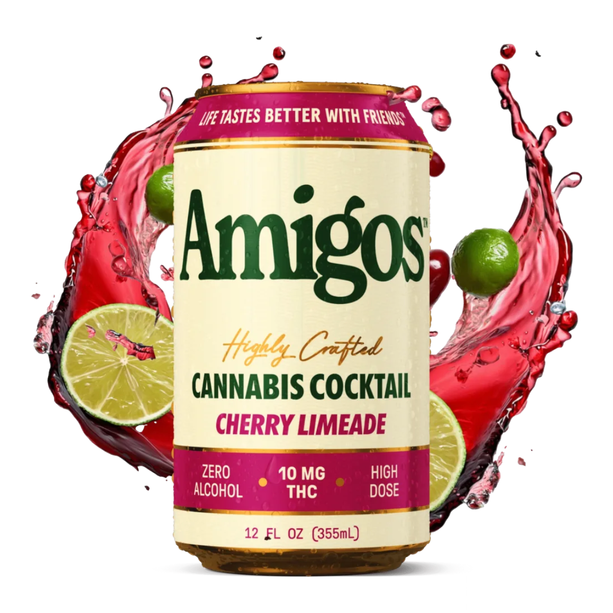 Lata de California Leaf Amigos Cherry Limeade, cóctel de cannabis de 10mg con refrescante salpicadura de lima y cereza