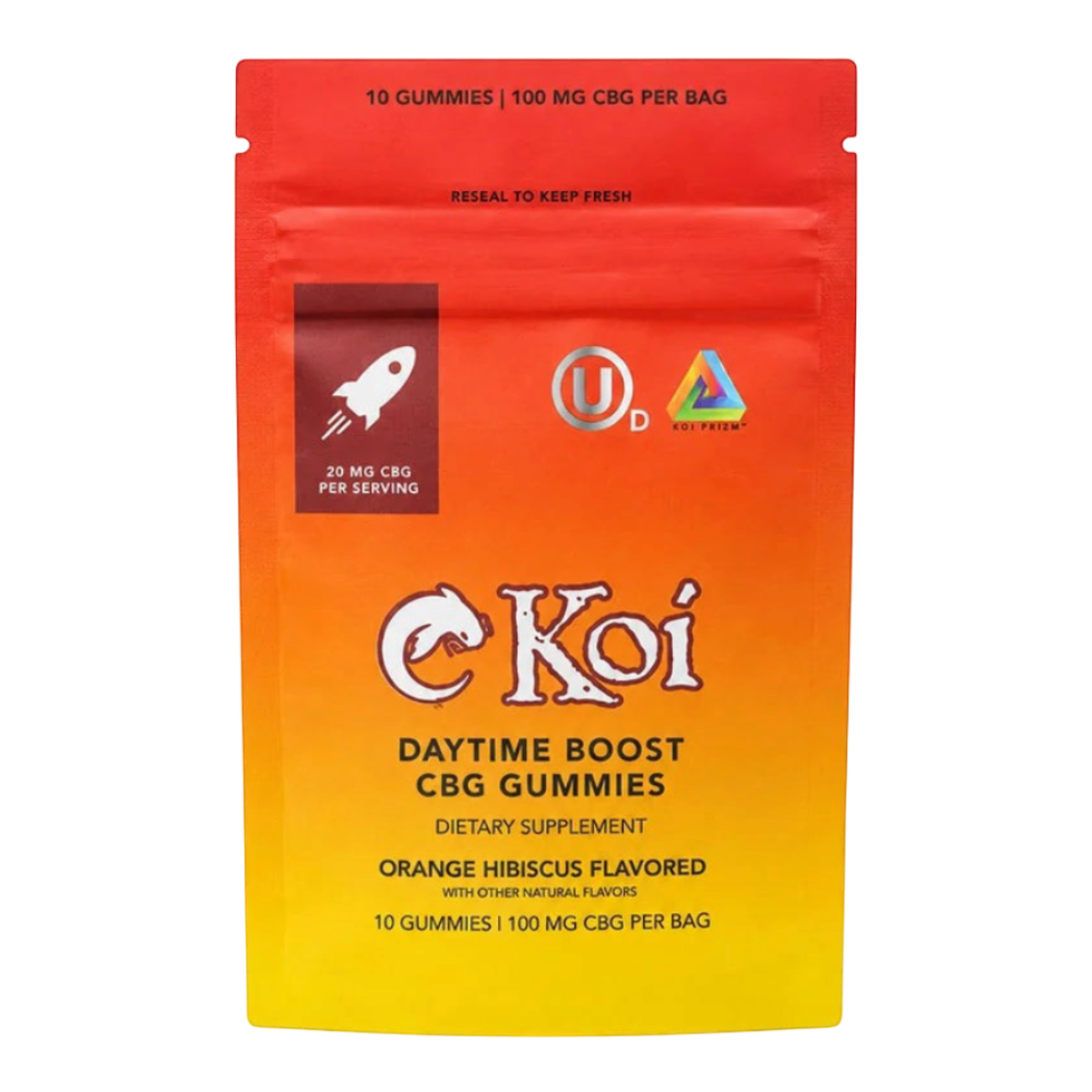 Empaque California Leaf de gomitas Koi Daytime Boost CBG sabor naranja e hibisco con 100mg de CBG total