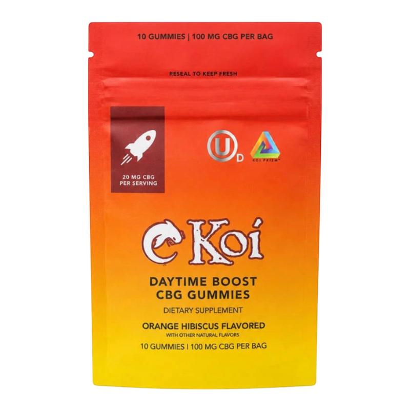 Empaque California Leaf de gomitas Koi Daytime Boost CBG sabor naranja e hibisco con 100mg de CBG total