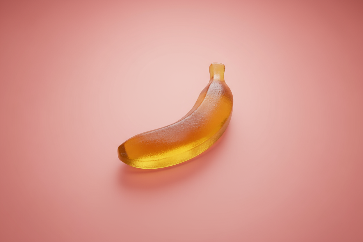 has un gomita con forma de banana en un fondo rojo pastel