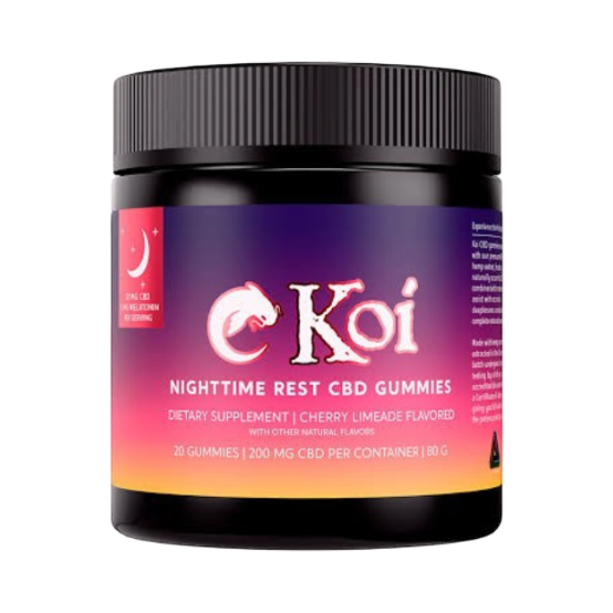 Frasco de California Leaf con gomitas de CBD Koi Nighttime Rest sabor Cherry Limeade, 200mg de CBD, 20 unidades.