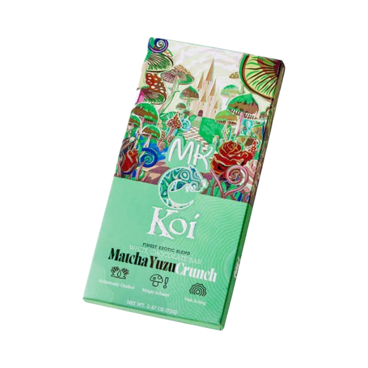 Barra de chocolate blanco California Leaf Koi X MK con sabor a matcha y yuzu, empaque ilustrado de 70g