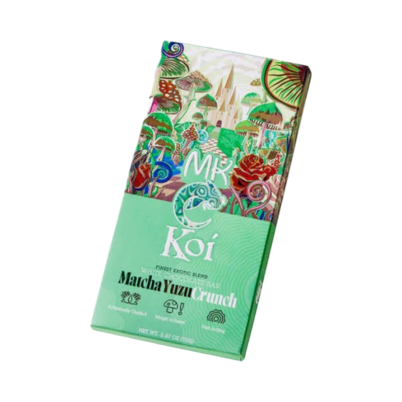 Barra de chocolate blanco California Leaf Koi X MK con sabor a matcha y yuzu, empaque ilustrado de 70g