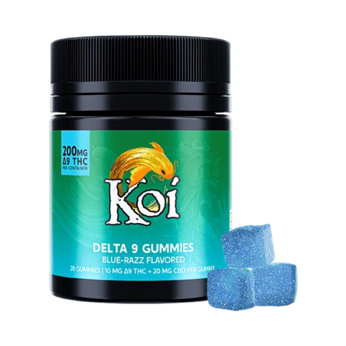 Frasco de California Leaf con 20 gomitas Koi Delta 9 sabor Blue Razz, cada una con 10mg de THC y 20mg de CBD.