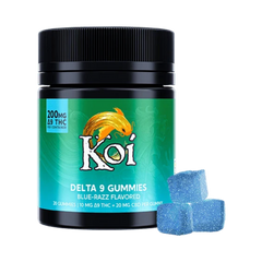Frasco de California Leaf con 20 gomitas Koi Delta 9 sabor Blue Razz, cada una con 10mg de THC y 20mg de CBD.