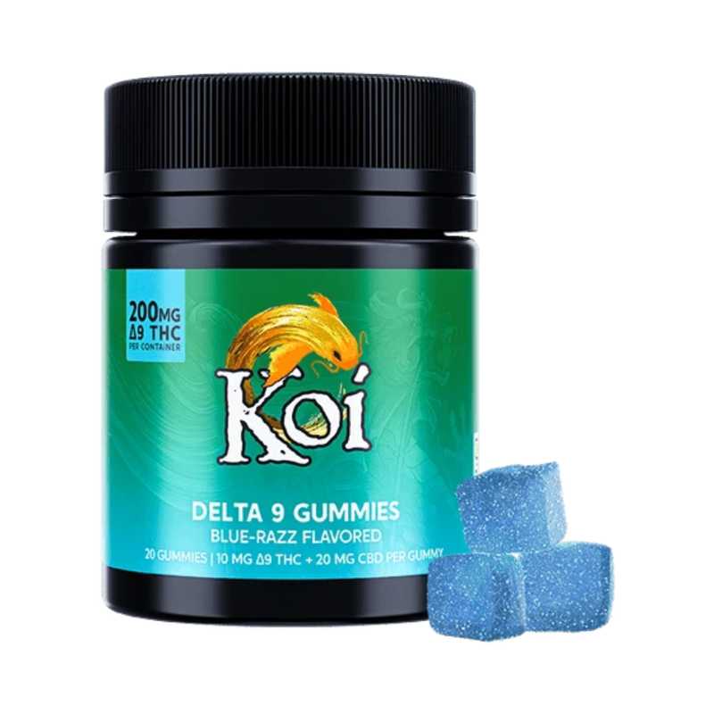 Frasco de California Leaf con 20 gomitas Koi Delta 9 sabor Blue Razz, cada una con 10mg de THC y 20mg de CBD.
