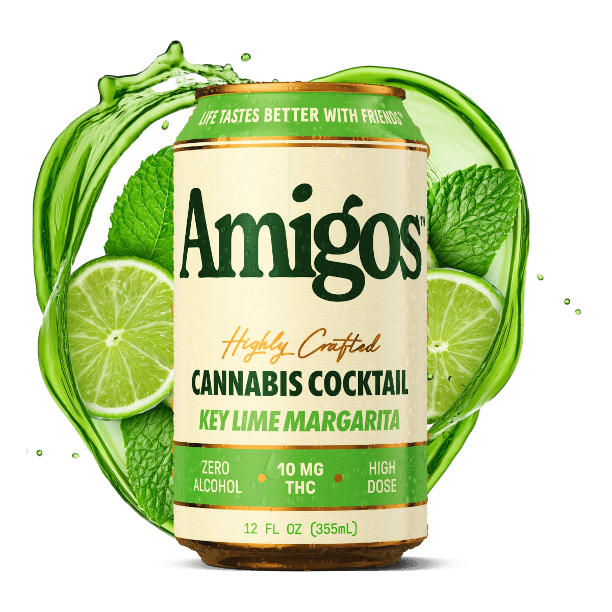 Lata de California Leaf Amigos Key Lime Margarita con 10mg de THC, rodeada de limas frescas y hojas de menta.