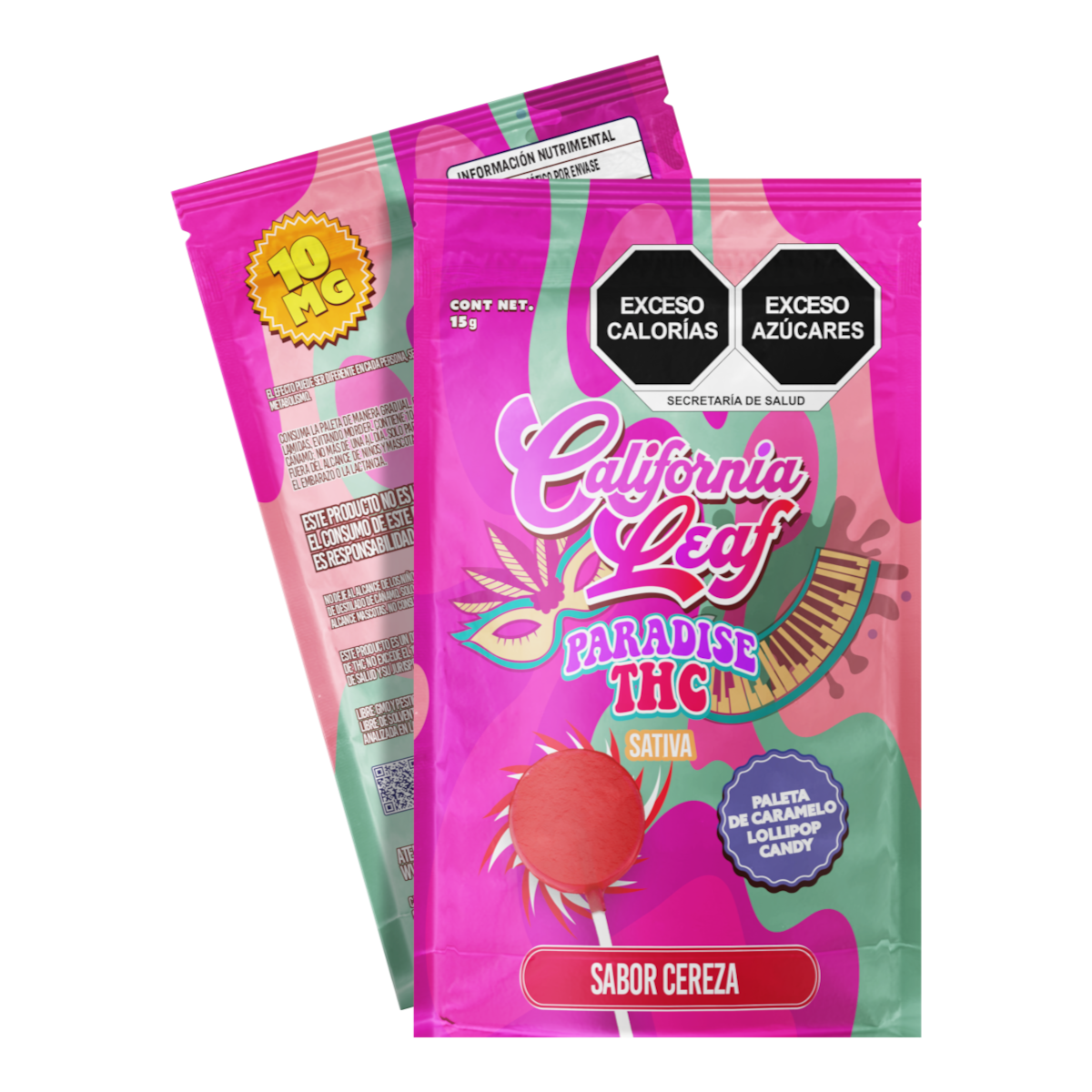 Paleta de caramelo California Leaf sabor cereza con 10mg de THC, empaque rosa vibrante con diseño psicodélico.