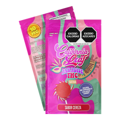 Paleta de caramelo California Leaf sabor cereza con 10mg de THC, empaque rosa vibrante con diseño psicodélico.