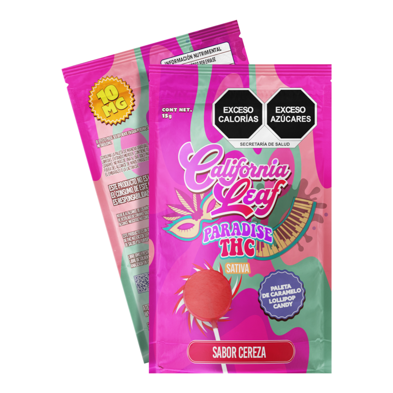 Paleta de caramelo California Leaf sabor cereza con 10mg de THC, empaque rosa vibrante con diseño psicodélico.