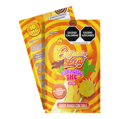 Empaque de paleta California Leaf Paradise THC sabor mango con chile, 10mg de efecto Sativa en bolsa individual.