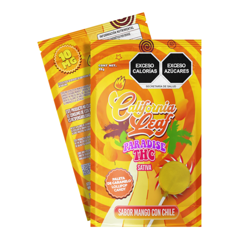 Empaque de paleta California Leaf Paradise THC sabor mango con chile, 10mg de efecto Sativa en bolsa individual.