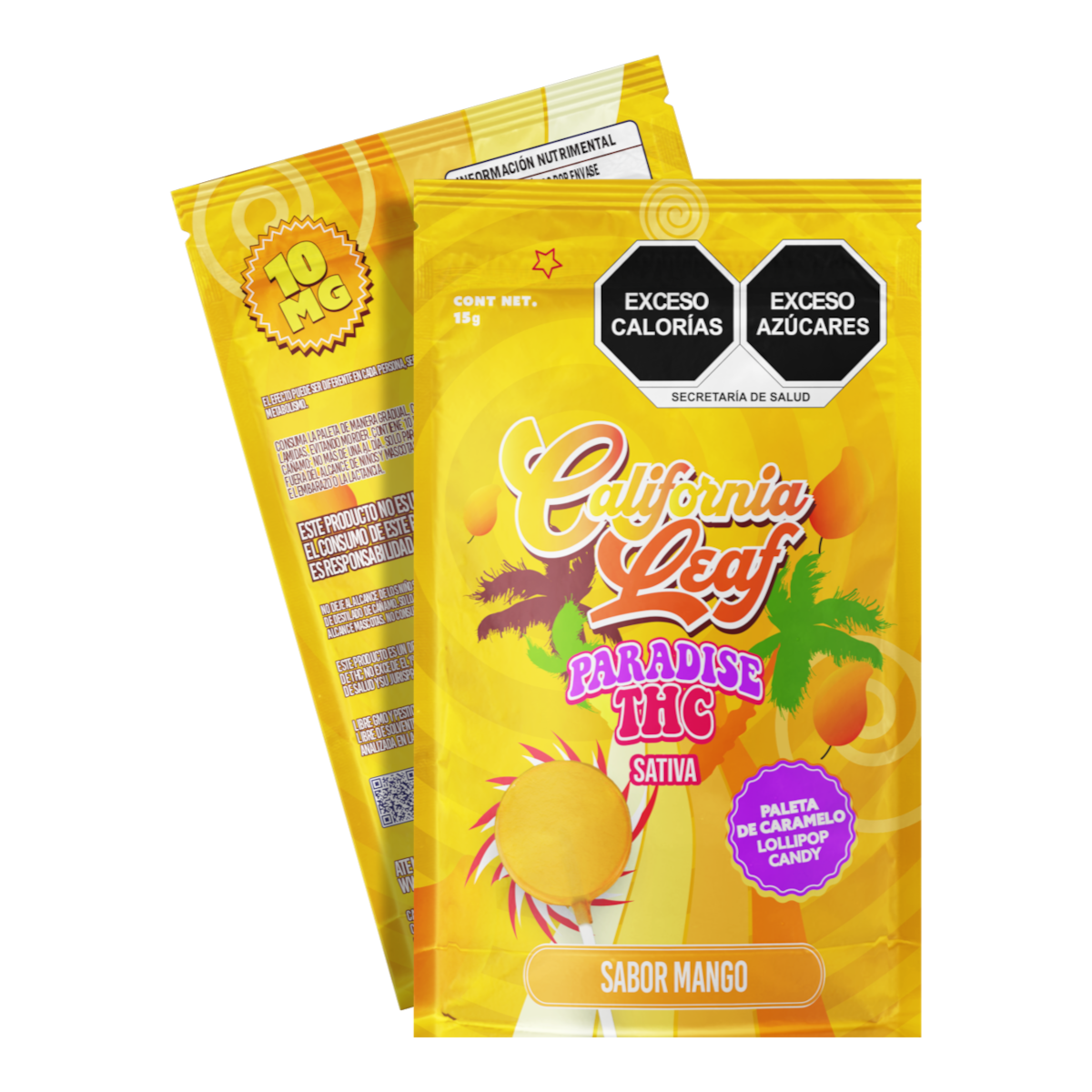 Paleta de caramelo California Leaf sabor mango con 10mg de THC Sativa en empaque individual amarillo brillante