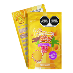 Paleta de caramelo California Leaf sabor mango con 10mg de THC Sativa en empaque individual amarillo brillante