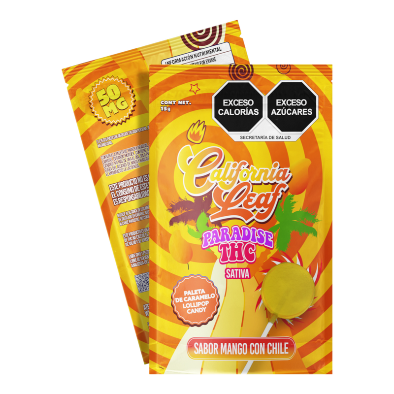 Paleta California Leaf Paradise THC Sativa sabor mango con chile de 50mg en empaque individual color amarillo