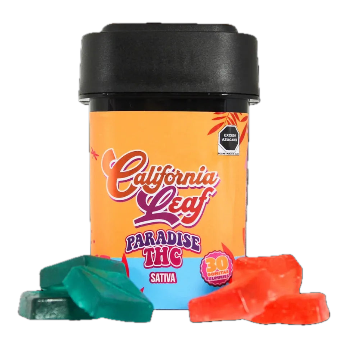 California Leaf THC Gomitas Paradise Thc Sativa 30/50 mg Delta 9 Thc mostrando la parte trasera y cámaras