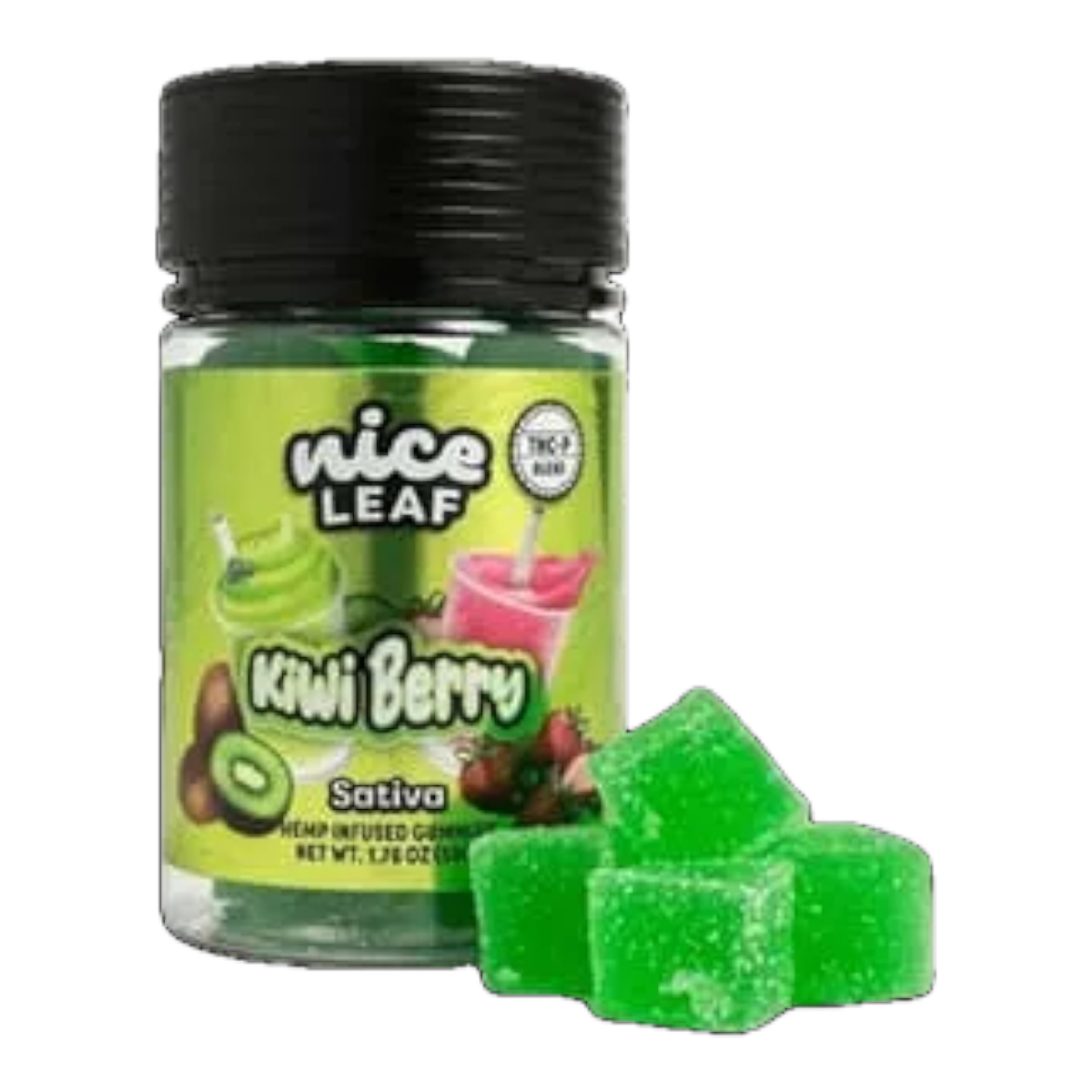 Gomitas California Leaf Nice Leaf THCP sabor Kiwi Berry, formato Sativa de 20 piezas en frasco verde