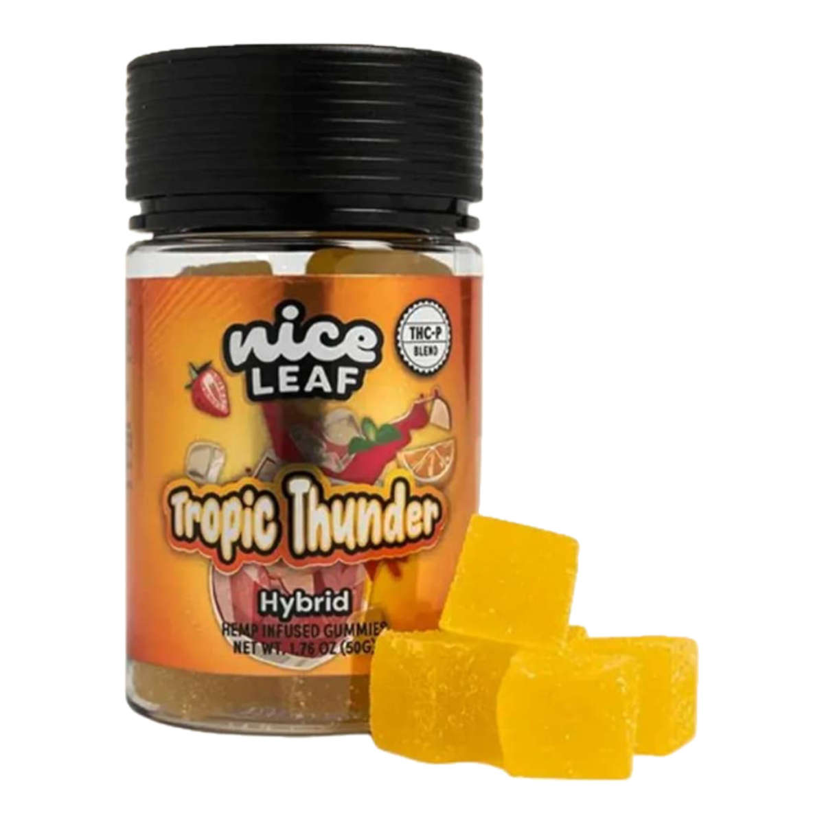 Gomitas THCP California Leaf Nice Leaf Tropic Thunder Hybrid en frasco con etiqueta naranja y diseño tropical