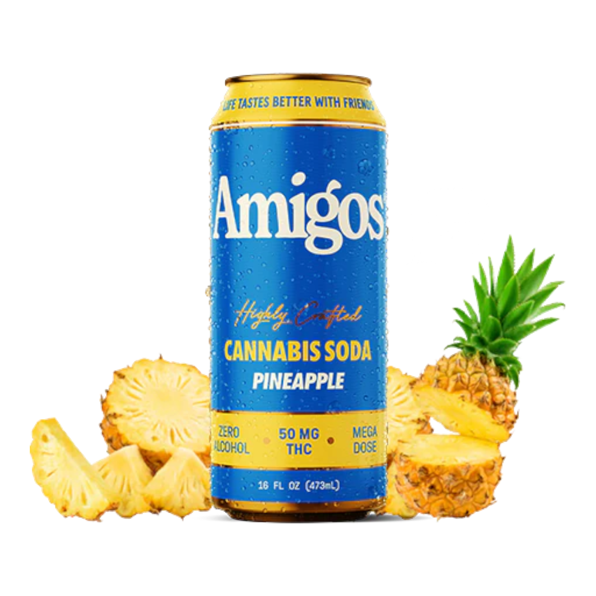 Lata de California Leaf Amigos Soda sabor piña con 50mg de THC, refresco de cannabis premium con jugo de fruta real.