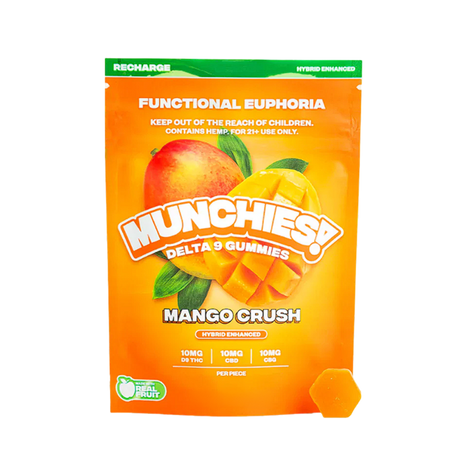 Delta Munchies Gummy Delta 9  Euphoria  Mango Crush  Hybrid  Recharge 5 piezas
