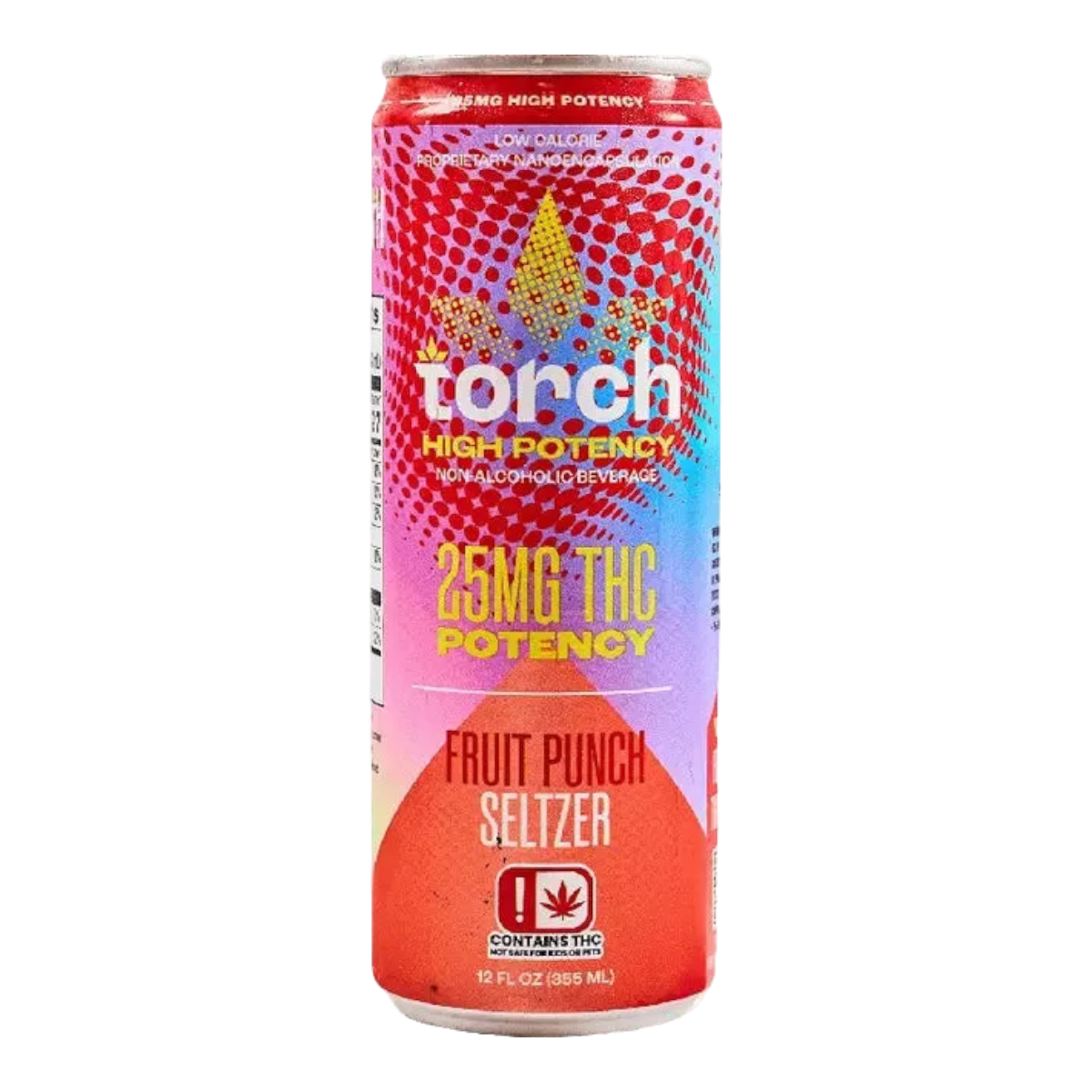 Lata de California Leaf Torch Fruit Punch Seltzer con 25mg de THC, diseño vibrante en tonos rojos y azules.
