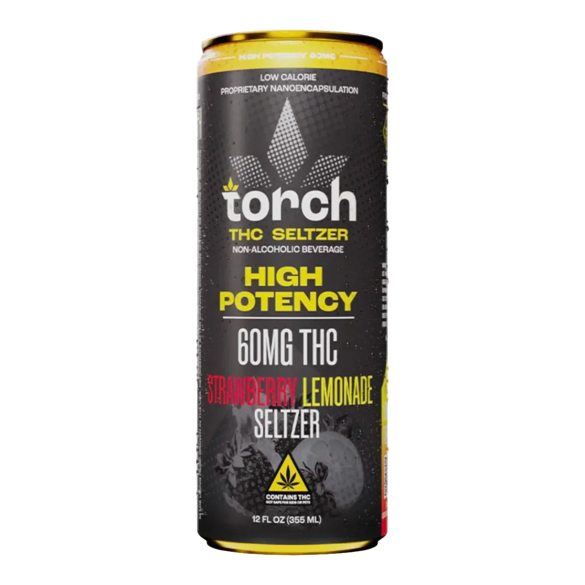 Lata de California Leaf Torch THC Seltzer sabor Strawberry Lemonade de 60mg, bebida carbonatada de alta potencia.
